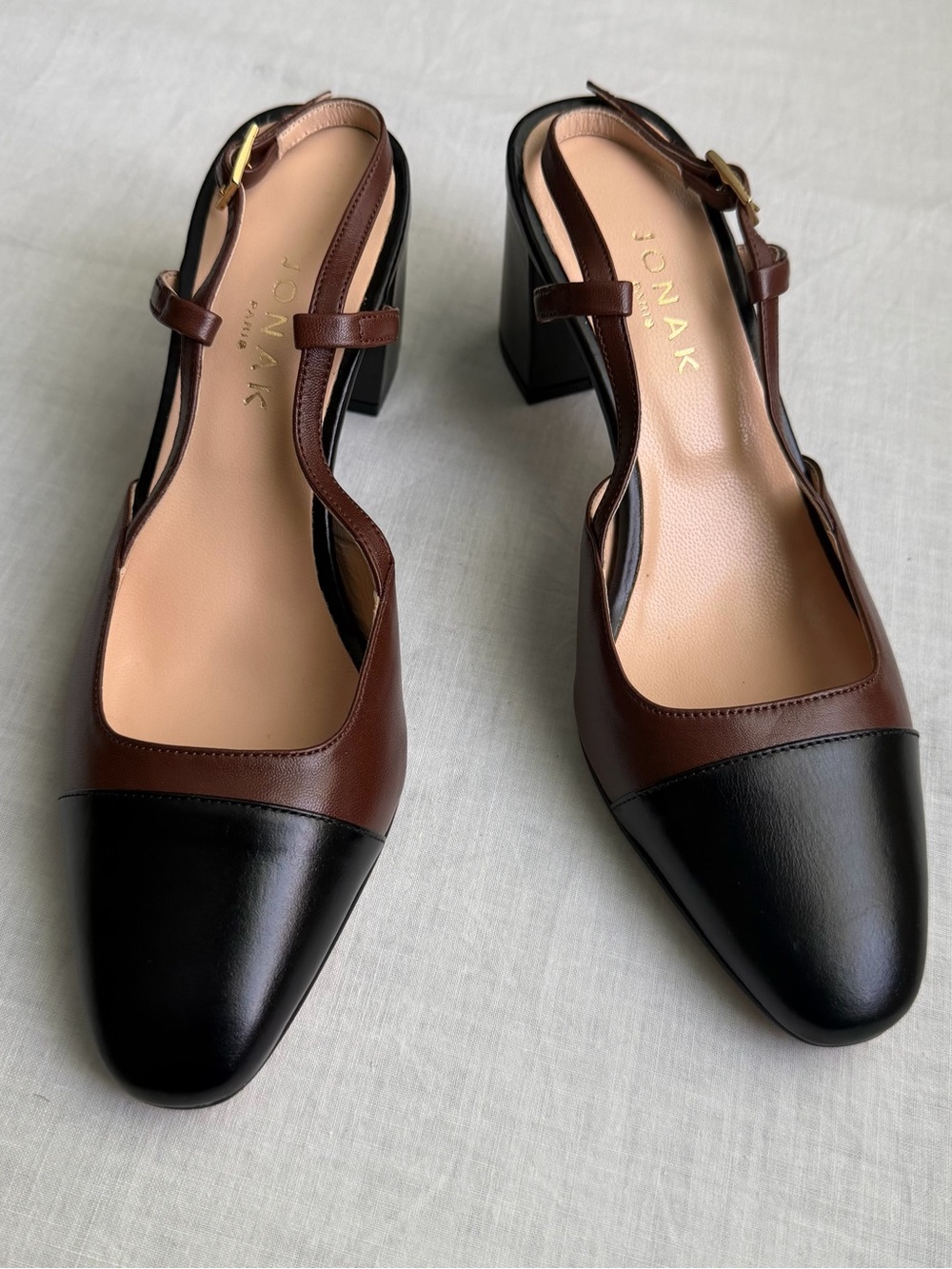 JONAK PARIS DHAPOP SIZE 37 black and brown Leather Heeled Slingback Pumps